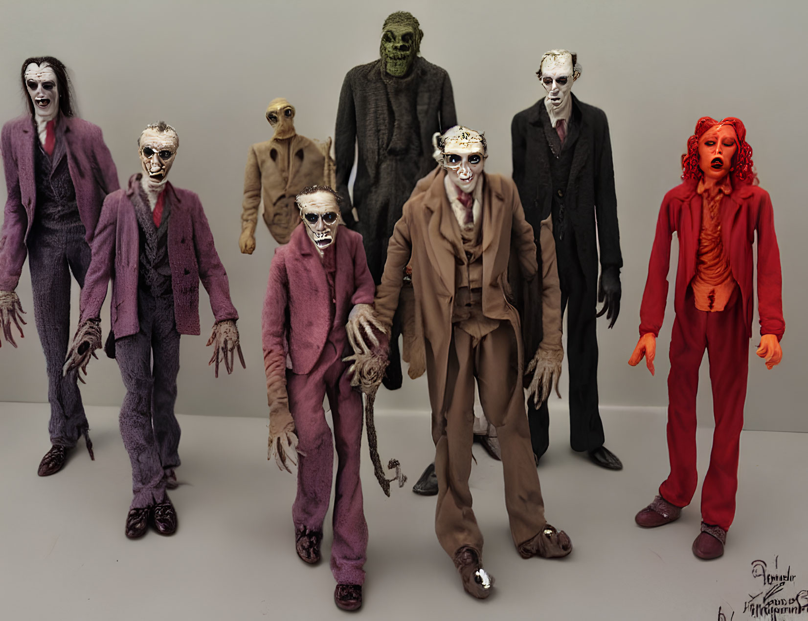 Detailed Zombie Figurines in Suits Displayed Against Dark Background