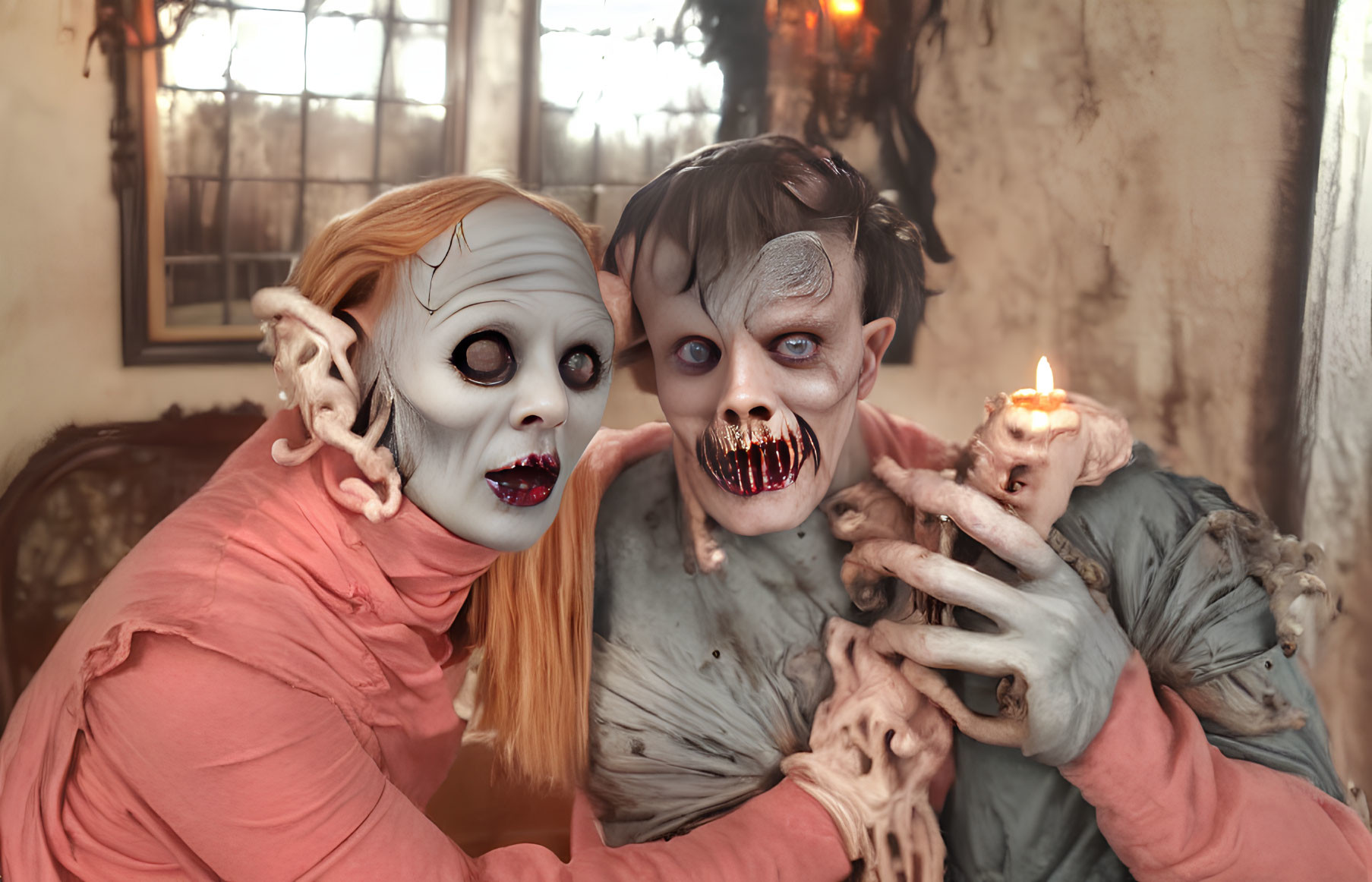 Two people with horror makeup holding a candle in dim, eerie scene