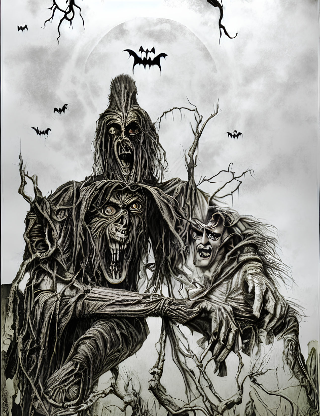 Illustration of three menacing witches under a full moon