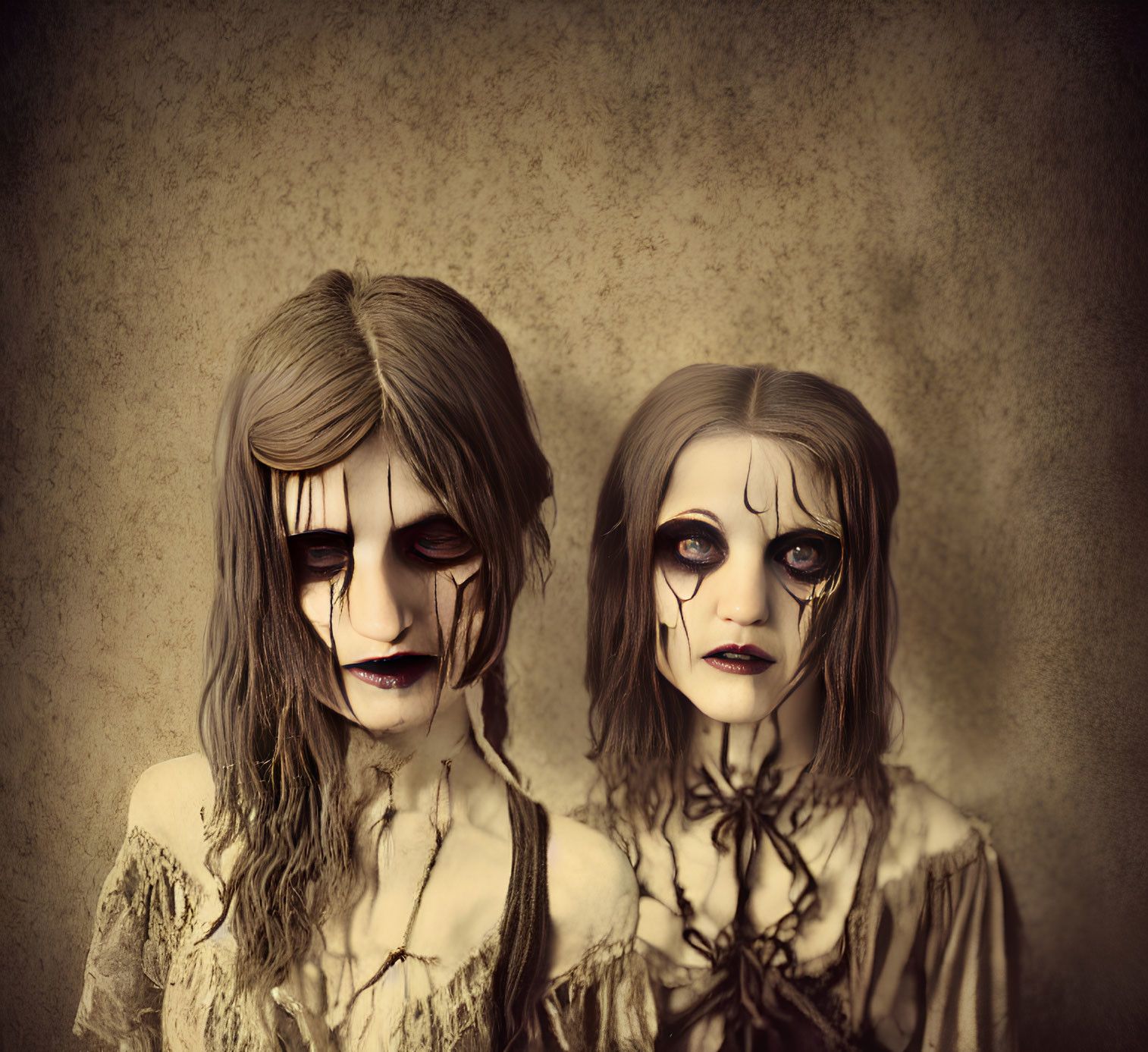 Individuals with eerie makeup resembling broken dolls against textured backdrop