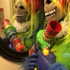 Colorful Skeleton Figures with Wigs Holding Cup Reflected in Mirror