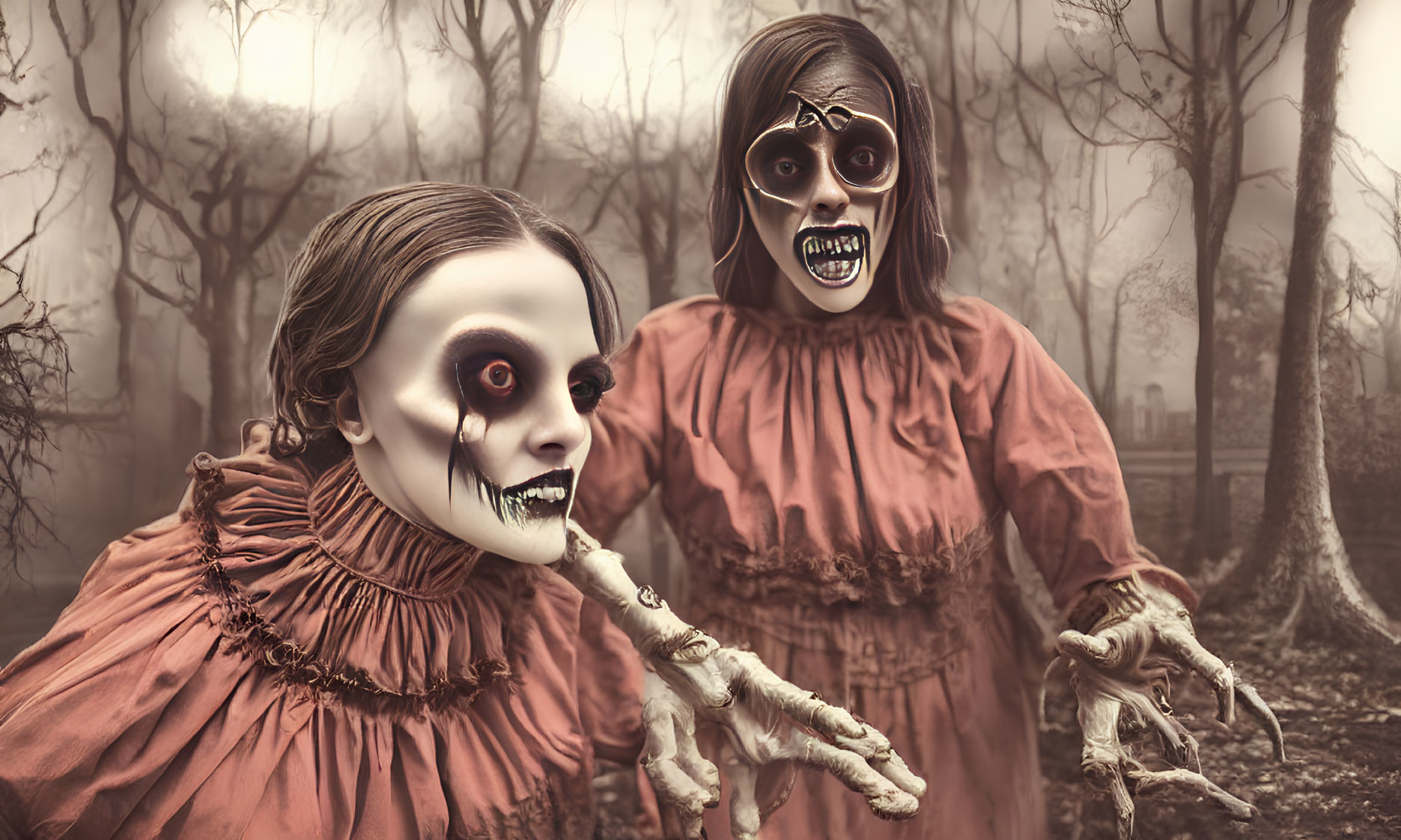 Two eerie clown costumes with skeletal makeup in foggy forest.