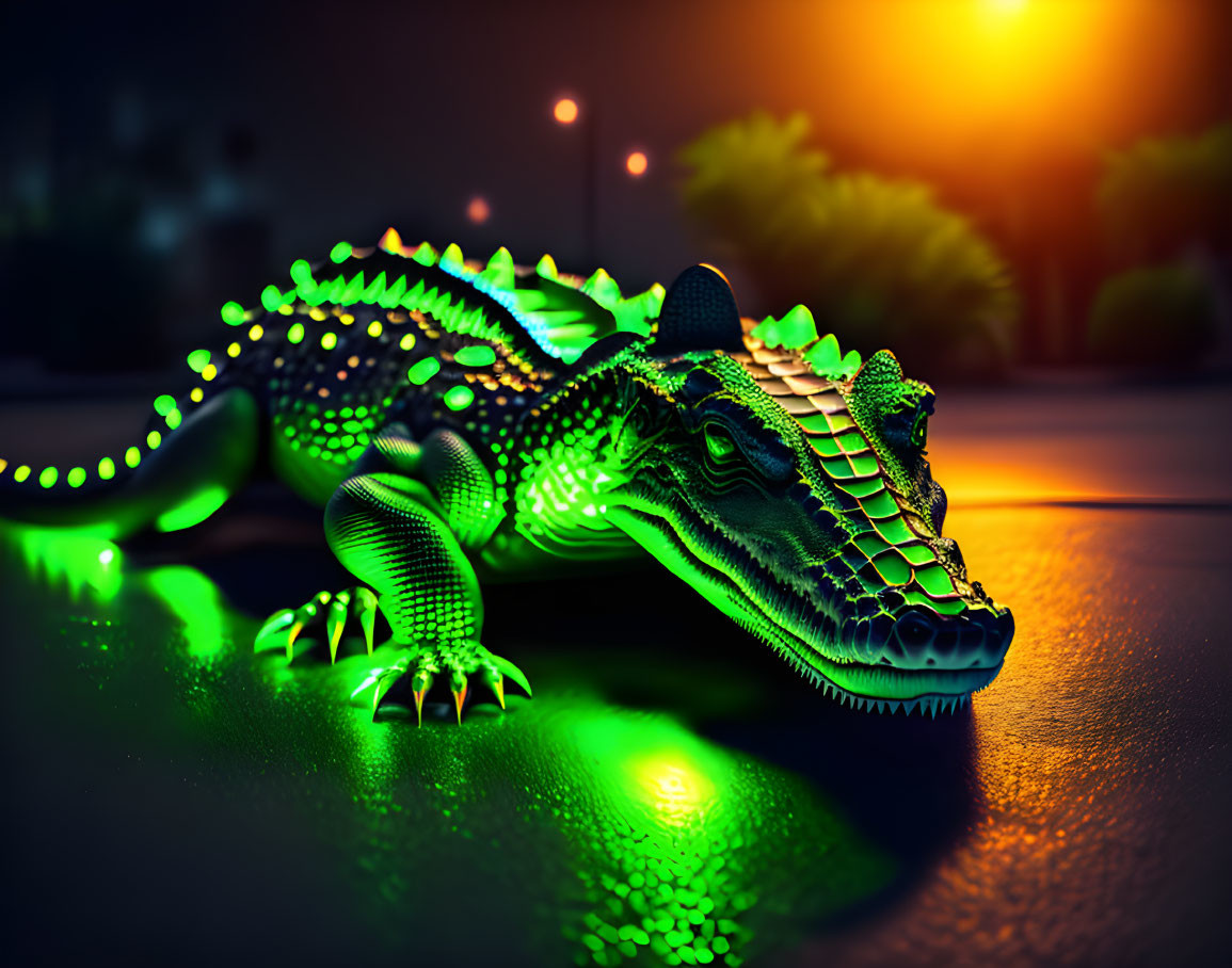 Digital Art: Glowing Green Alligator on Night Street