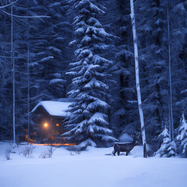 Winter Twilight Scene: Cozy Cabin, Snowy Trees, Reindeer