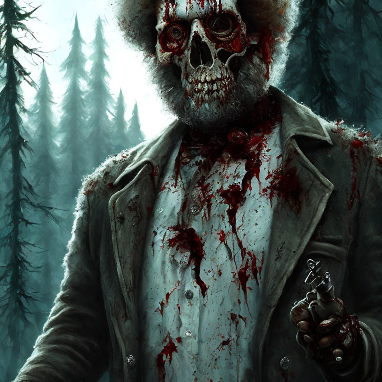 Creepy skull-faced clown with revolver in foggy forest.