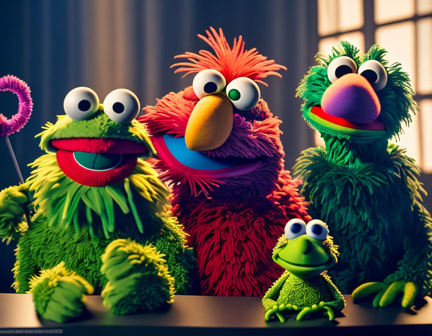 Four Colorful Muppet Characters Posing with Warm Light Background