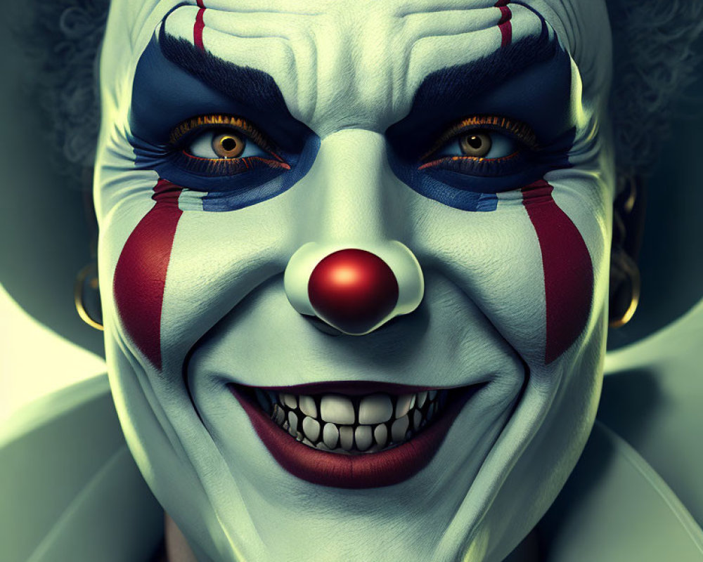 Detailed close-up of clown's white makeup, red nose, blue eye accents, big grin, yellow