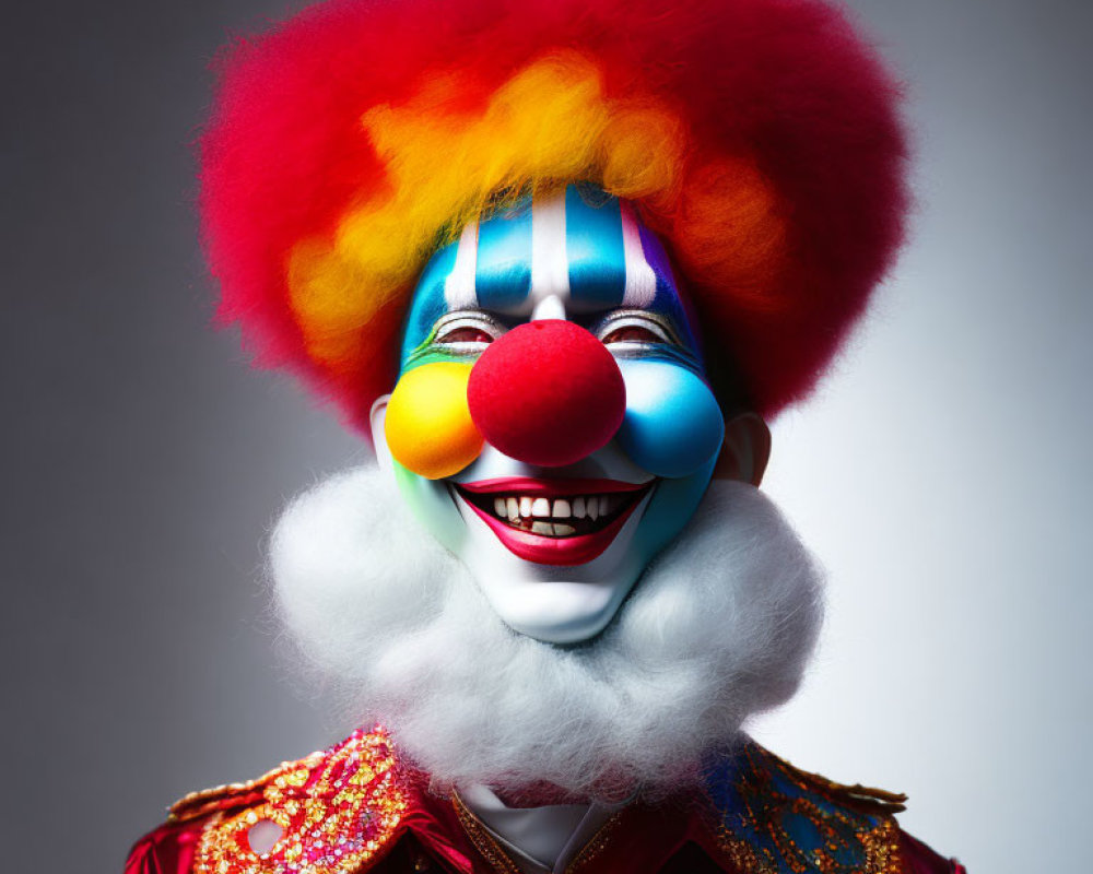 Colorful Clown with Multicolored Wig and Bright Costume Smiling