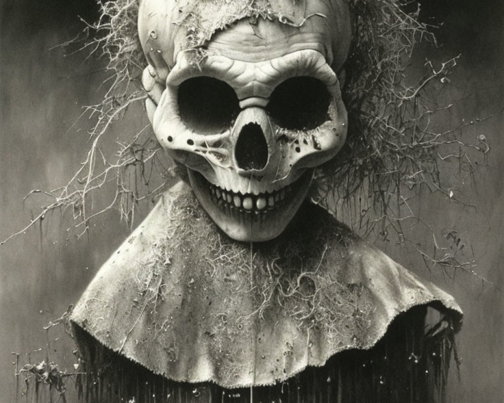 Monochrome close-up of person in skull clown mask on dark background