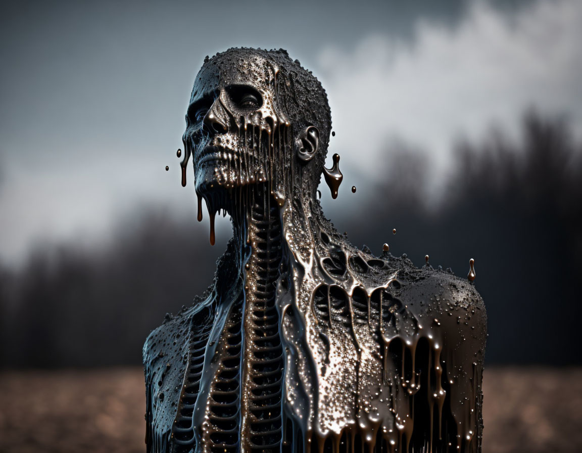 Dark humanoid figure covered in glossy tar-like substance in shadowy landscape