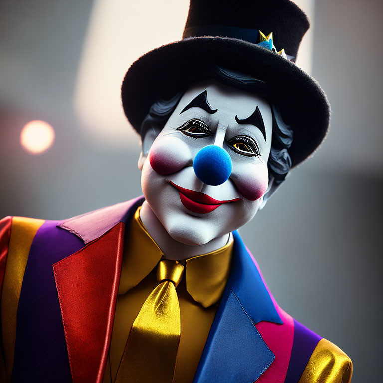 Colorful clown with big grin, top hat, and multicolored outfit