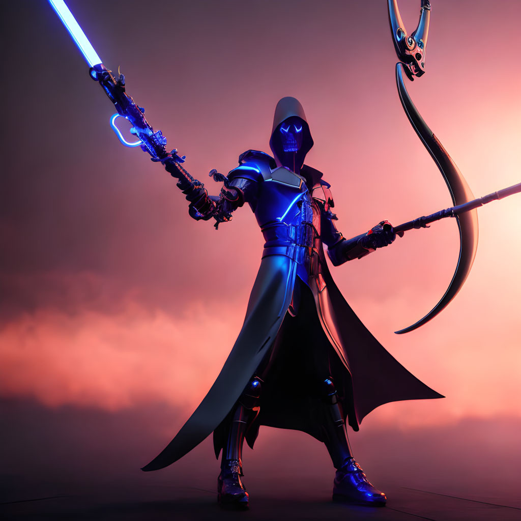 Stylized figure in black suit with glowing blue sword and scythe against dusky backdrop