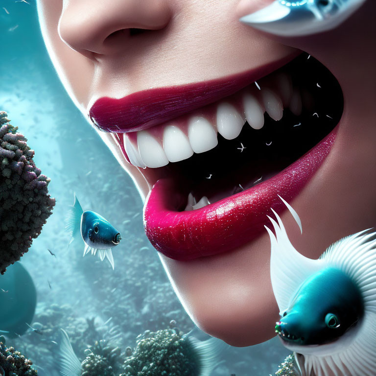 Detailed close-up illustration of smiling lips with lipstick amidst fantastical fish and underwater flora