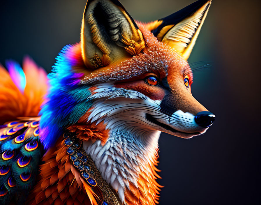Colorful Digital Art: Fox with Rainbow Fur and Feather-like Textures