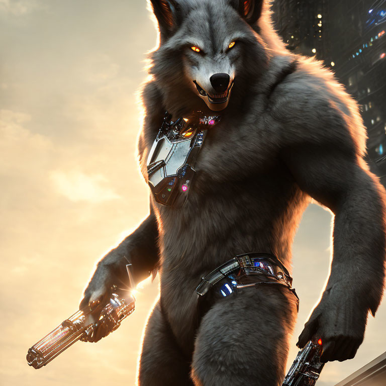 Futuristic anthropomorphic wolf with high-tech armor and weapons in urban setting