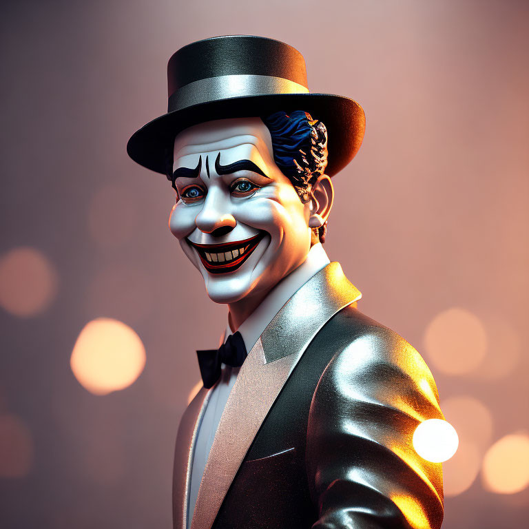 Stylized 3D illustration of Joker-like character in top hat and bowtie on warm bo