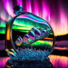 Colorful Liquid Splashing in Vibrant Flask with Aurora Lights