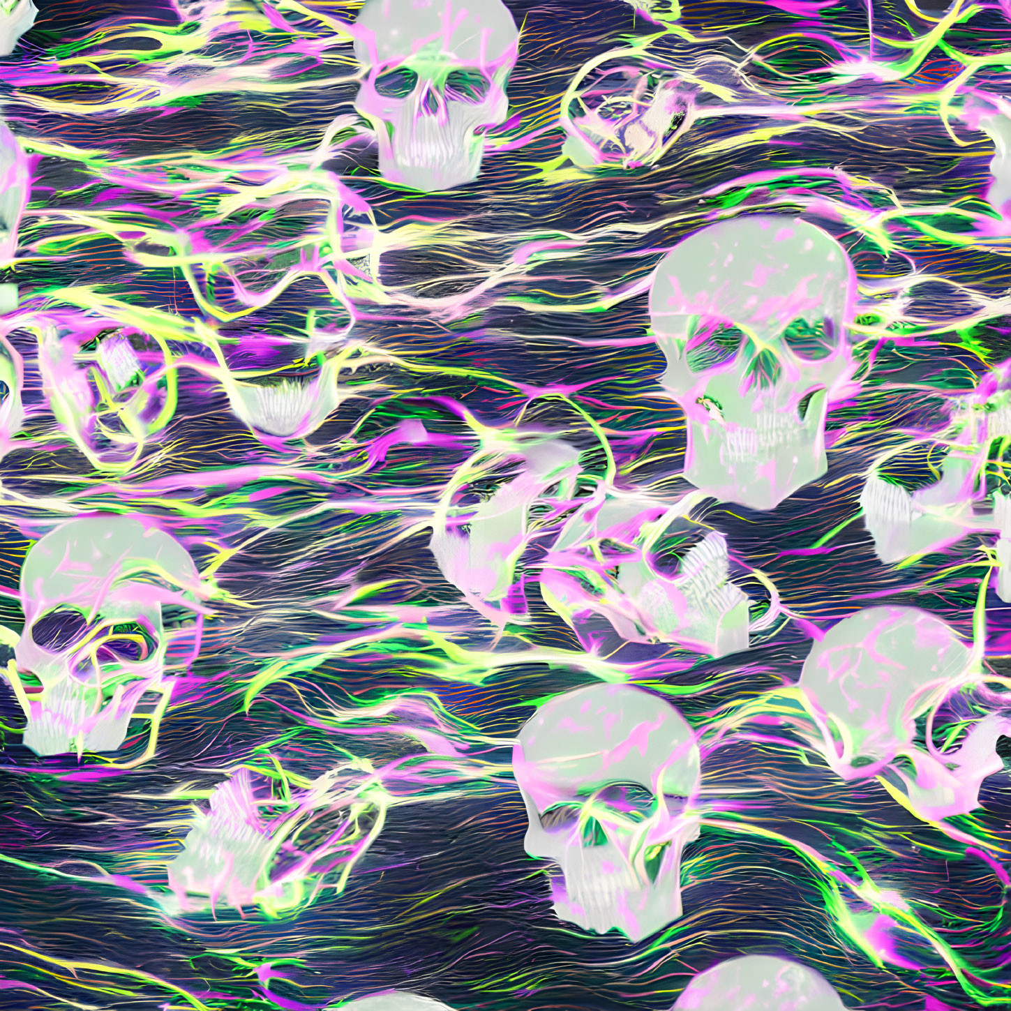 Neon skulls in vibrant swirling pattern on dark background
