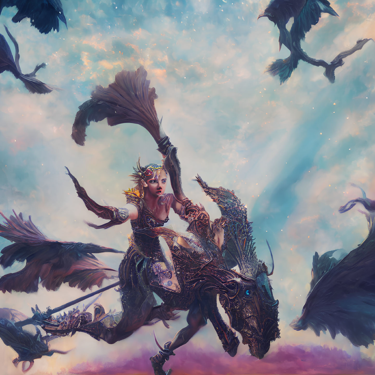 Warrior riding mythical dragon with spear in pastel-colored sky