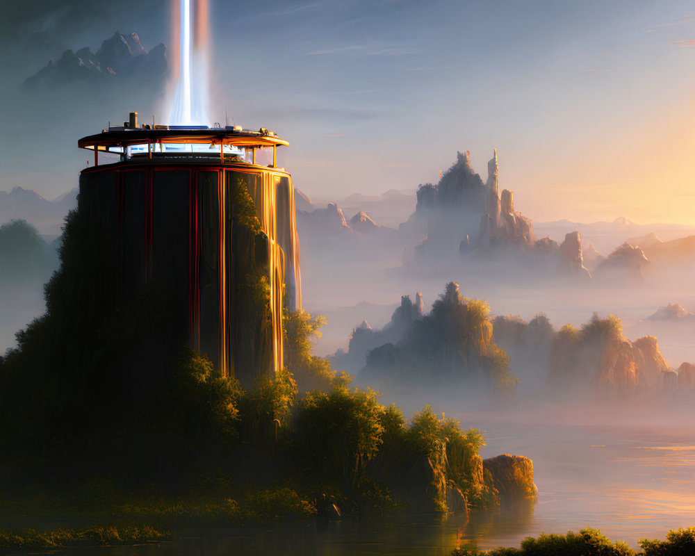 Futuristic tower emitting light in misty mountain landscape at sunrise or sunset
