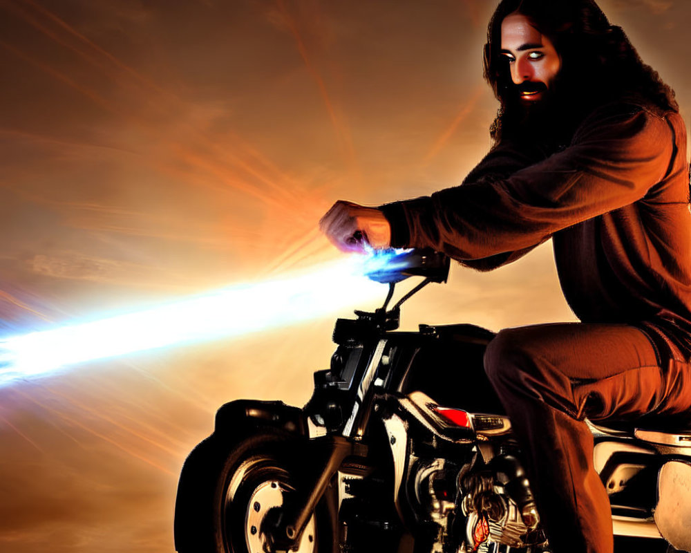 Bearded person in robe on jet propulsion motorcycle in fantastical setting