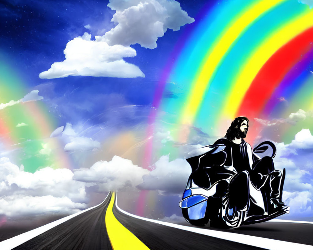 Motorcycle rider on winding road under vibrant rainbow and dramatic sky