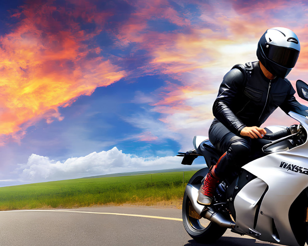 Motorcyclist in black leather gear on white sports bike under dramatic sky
