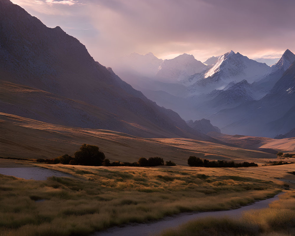 Majestic mountains and winding river in grassy valley at sunrise or sunset