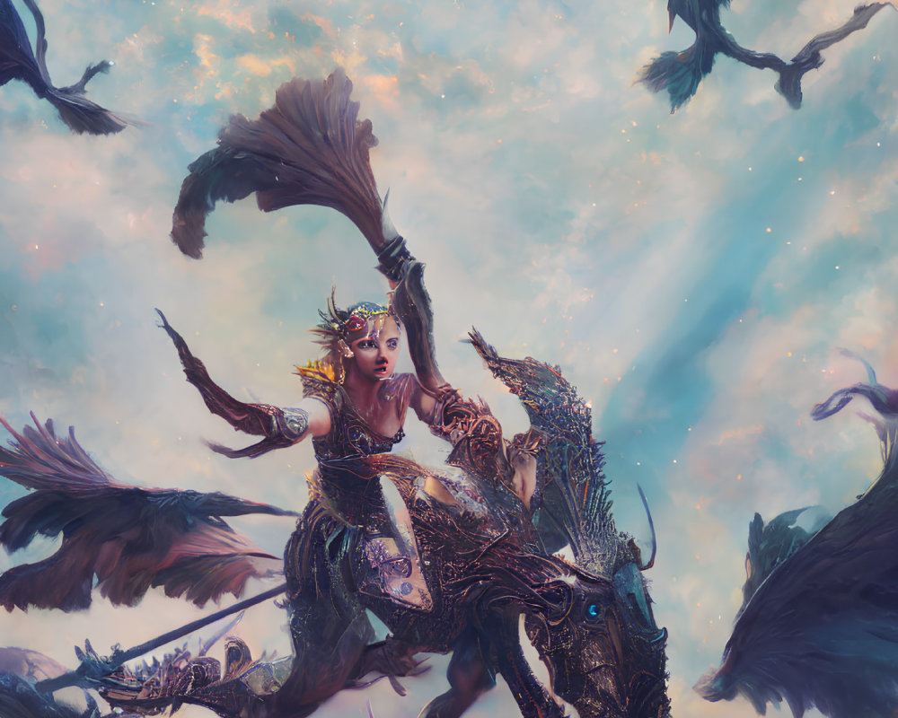 Warrior riding mythical dragon with spear in pastel-colored sky