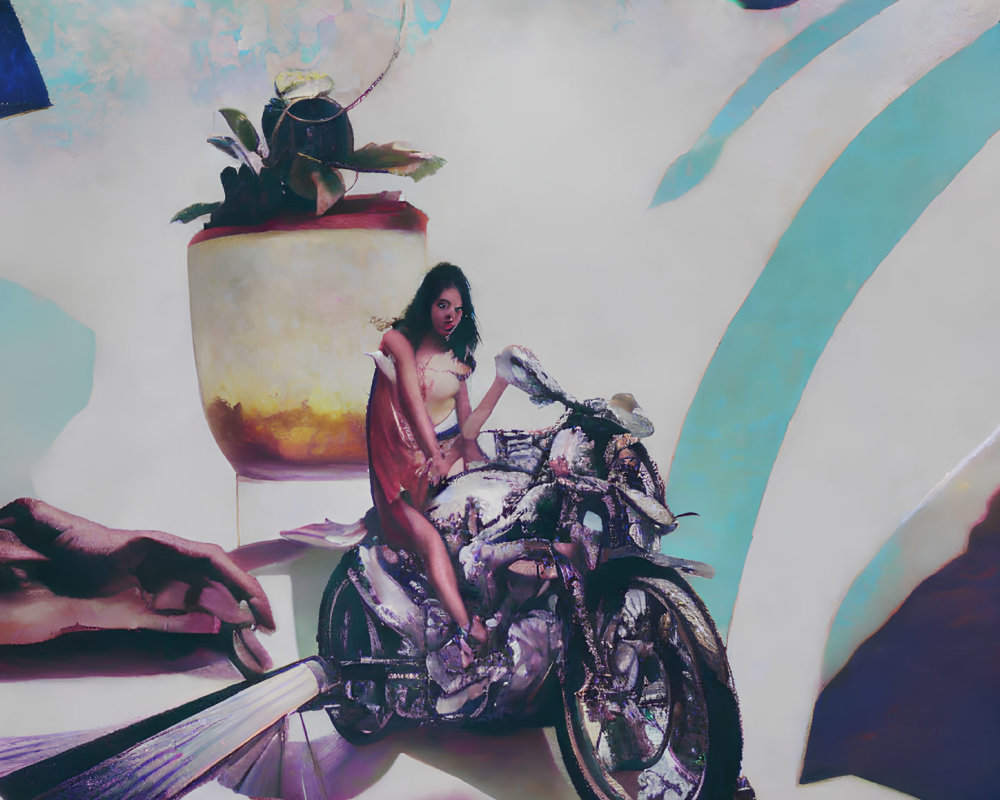 Fantasy-themed artwork featuring a woman on a decorative motorcycle with oversized books, quill pen, and