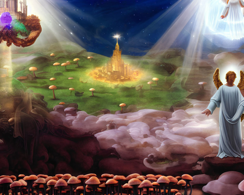 Fantastical landscape with angels, celestial city, star, and oversized mushrooms