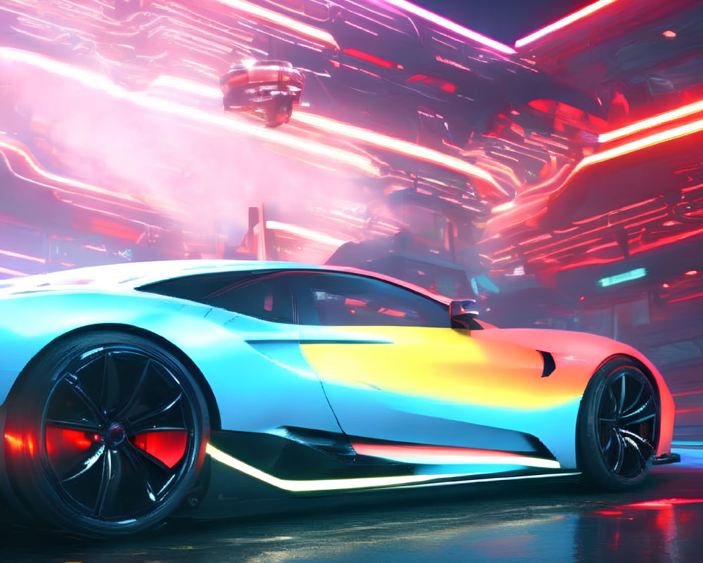 Futuristic car with neon underglow in vibrant cityscape