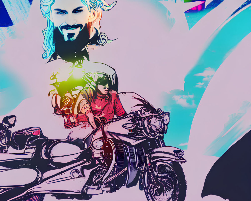 Colorful pop art image of bearded man and motorcycle