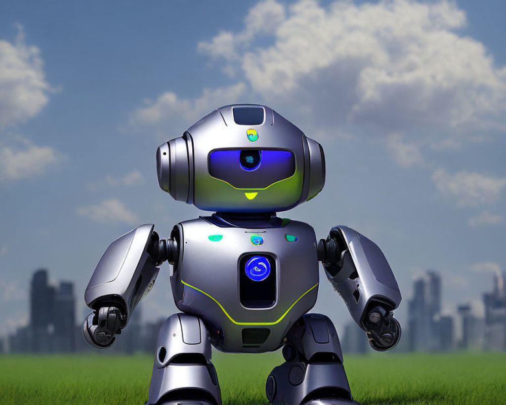 Futuristic robot on grass with city skyline backdrop