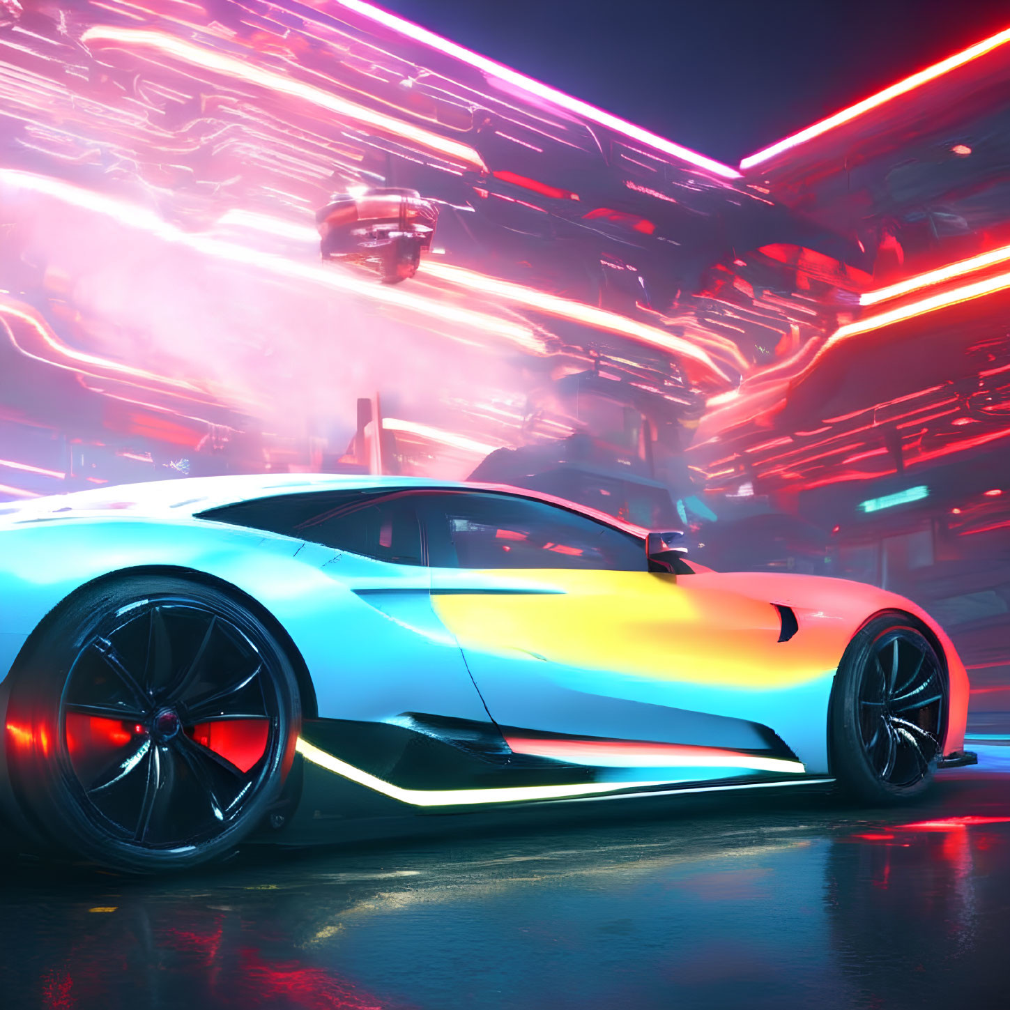 Futuristic car with neon underglow in vibrant cityscape
