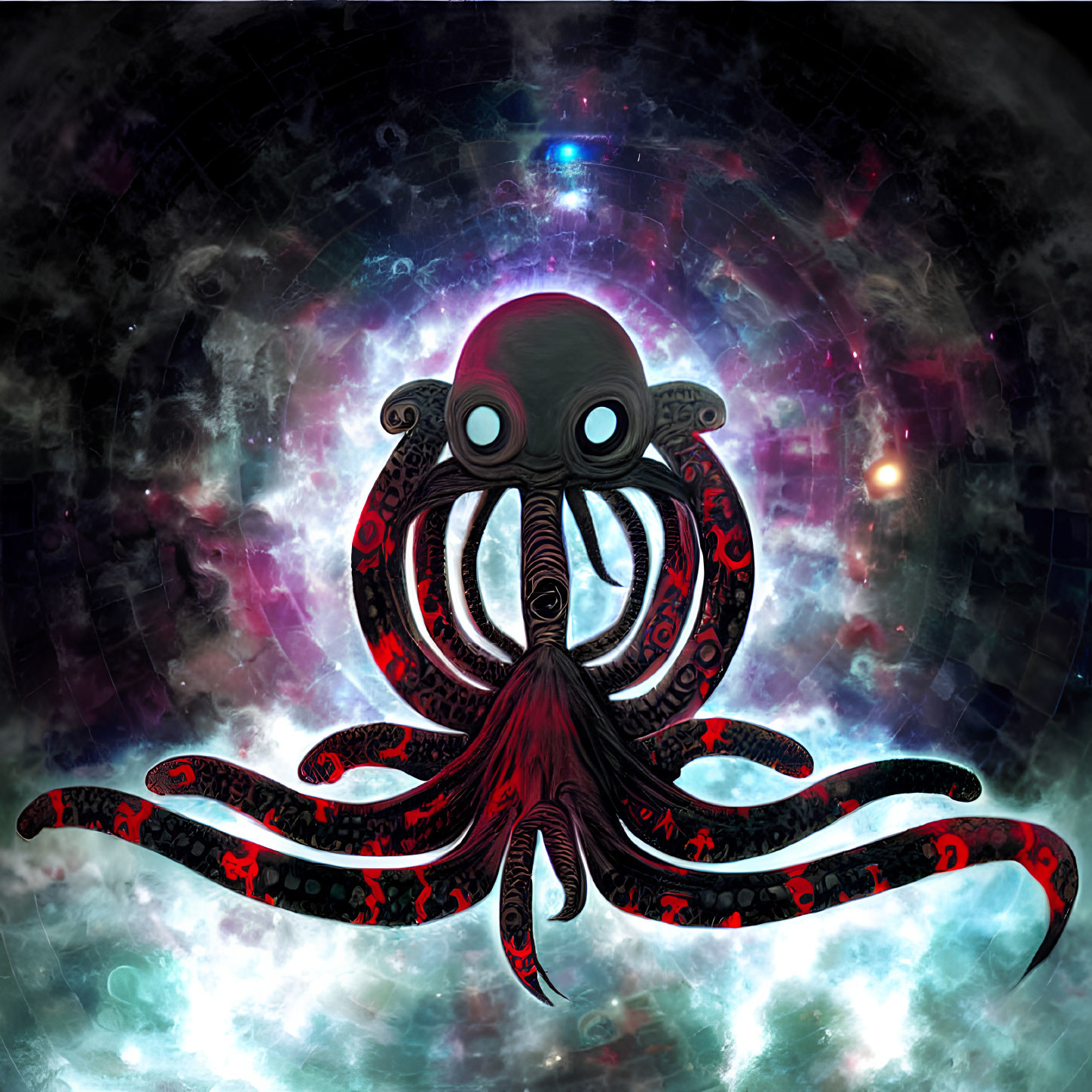 Glowing-eyed cosmic octopus in starfield with red patterns