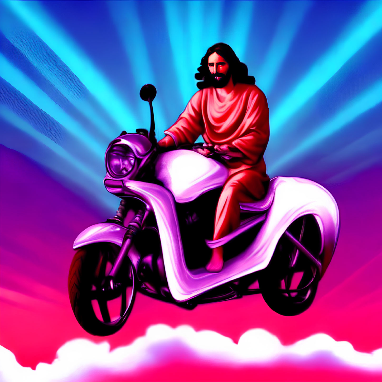 Figure in robe on motorcycle against colorful backdrop with rays