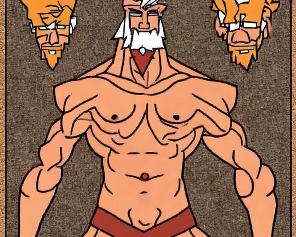 Muscular character with animated faces on chest and shoulders in red briefs on brown background