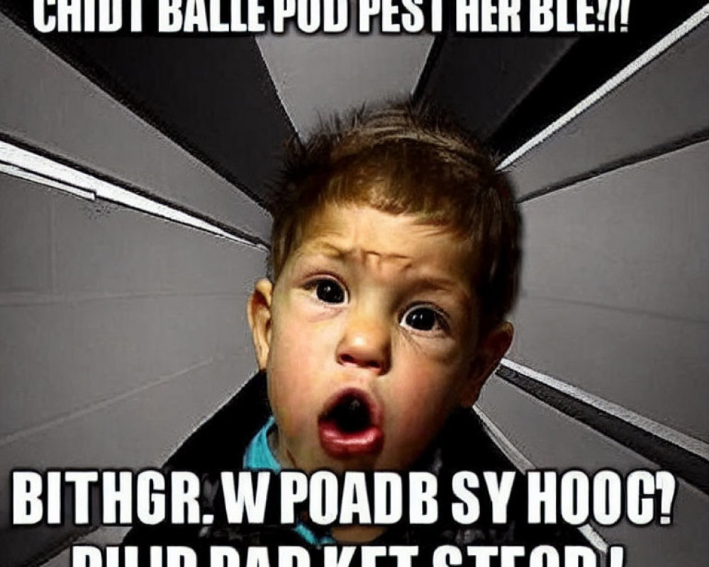 Wide-eyed toddler in tunnel background with distorted text