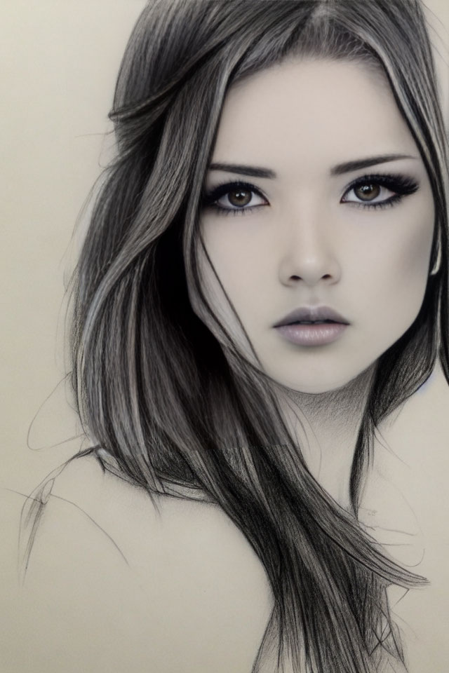 Detailed Monochrome Sketch of Young Woman with Flowing Hair