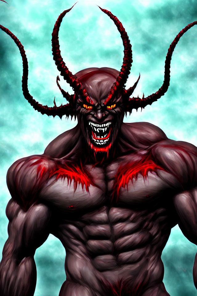 Sinister digital artwork: Muscular demon with horns, red eyes, sharp teeth on green background
