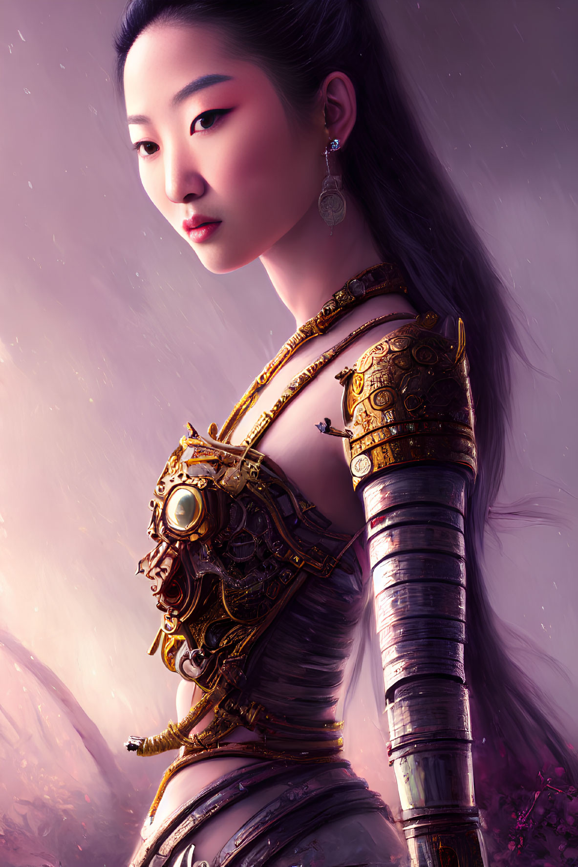 Digital artwork: East Asian woman in fantasy armor against misty purple background