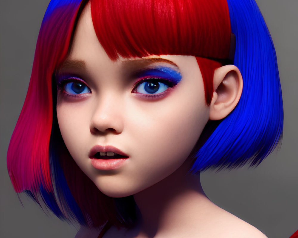 3D-rendered character with red and blue ombre hair, blue eyeshadow, fair