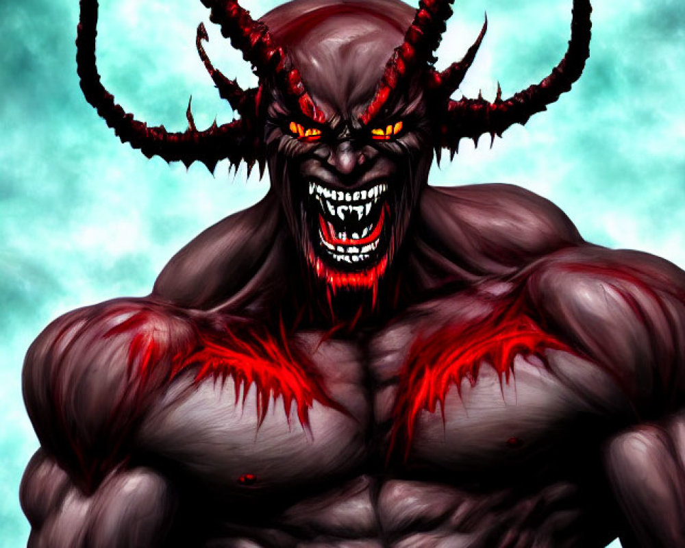 Sinister digital artwork: Muscular demon with horns, red eyes, sharp teeth on green background