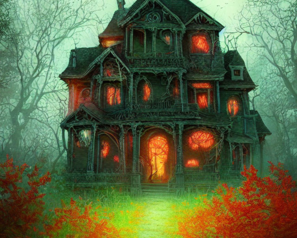 Creepy Victorian House with Red Glowing Windows in Misty Woods