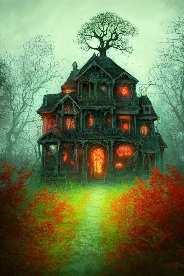 Creepy Victorian House with Red Glowing Windows in Misty Woods