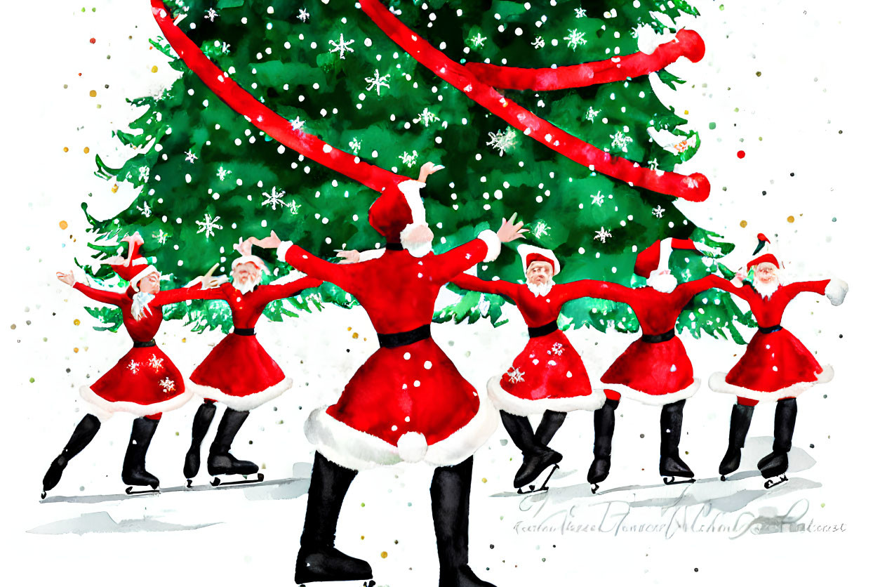 Vibrant Santa Claus group dancing in snow with Christmas tree