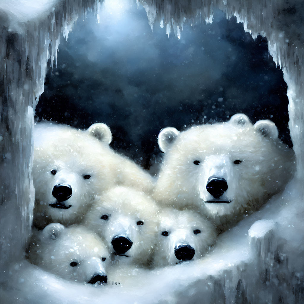 Polar bears huddled in snowy cave under starry sky