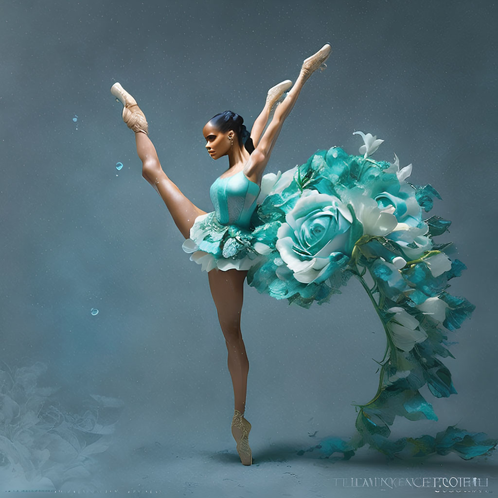 Ballerina in Turquoise Costume with High Leg Extension and Oversized Flowers