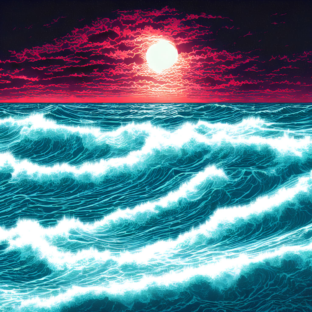 Stylized image: neon blue waves under crimson sky